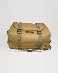 View of kitchen caddy bag lying down, with a strap for paper towel to hang from and straps to hook other items like torches and carabiners etc.