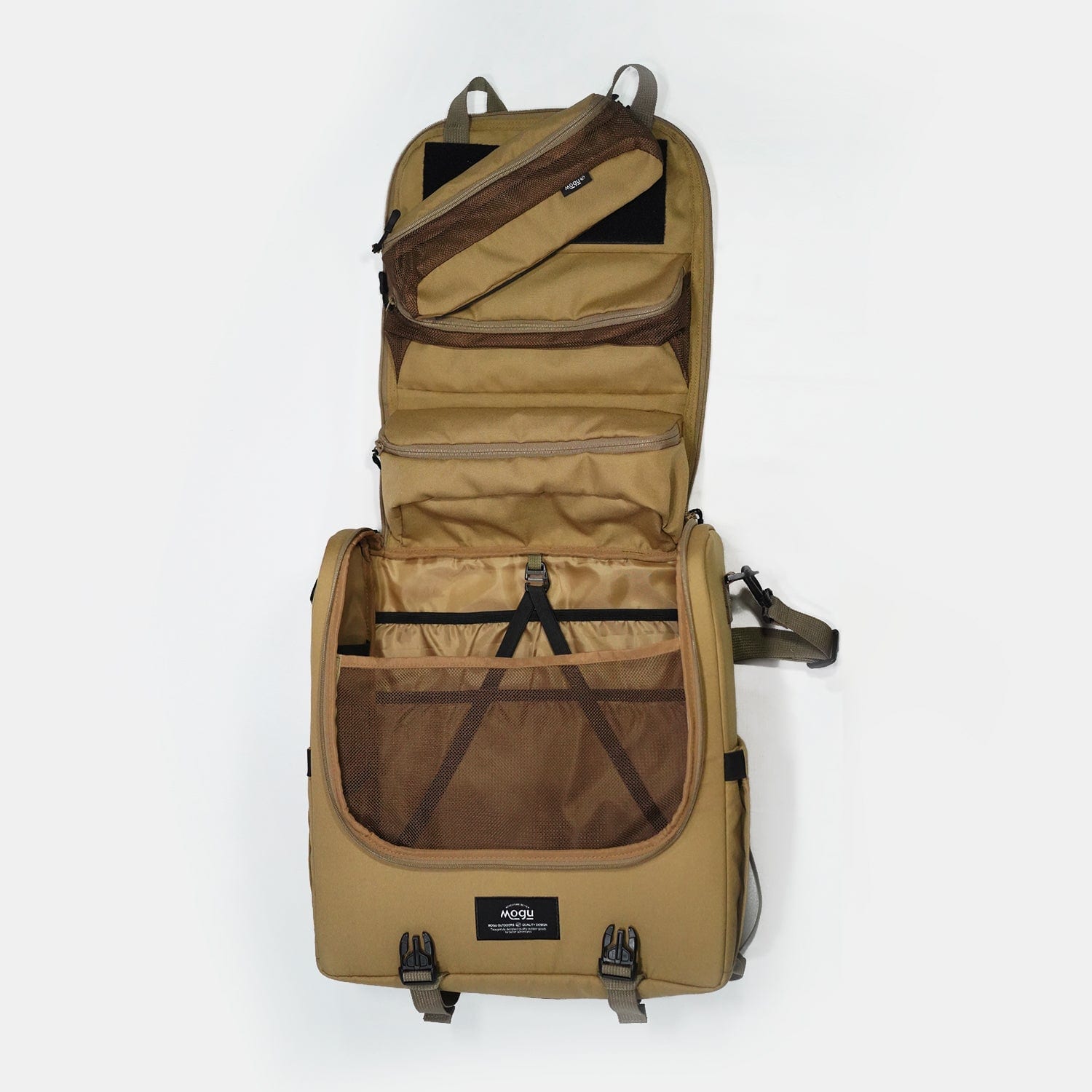 image of camp kitchen caddy laying flat, with 3 pouches on the top and a large 25l capacity main compartment for other tools and utensils.