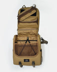 image of camp kitchen caddy laying flat, with 3 pouches on the top and a large 25l capacity main compartment for other tools and utensils.