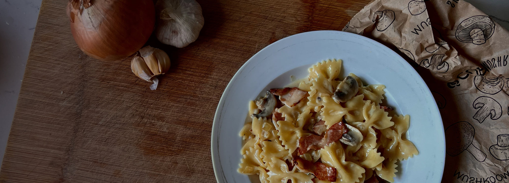 Camp kitchen cooking recipe: Creamy Bacon, Cheese, and Mushroom Pasta