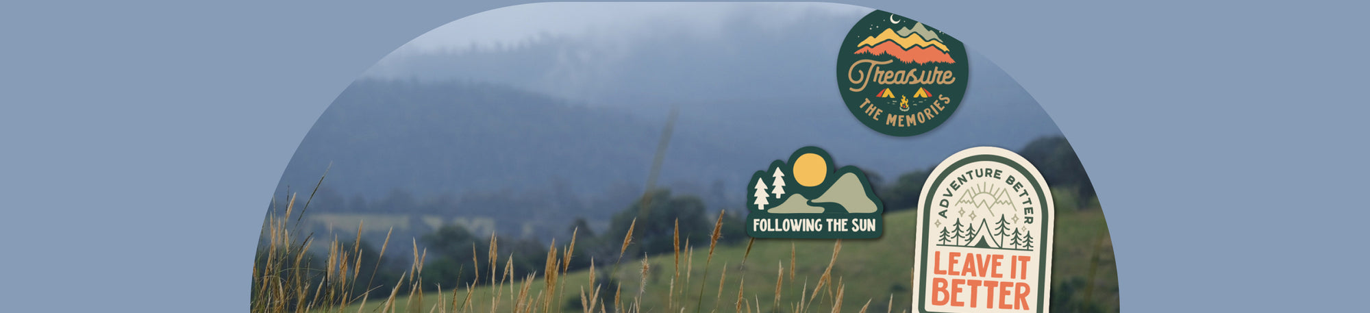 an image of the hillside with photoshopped stickers on top about caring for nature, banner