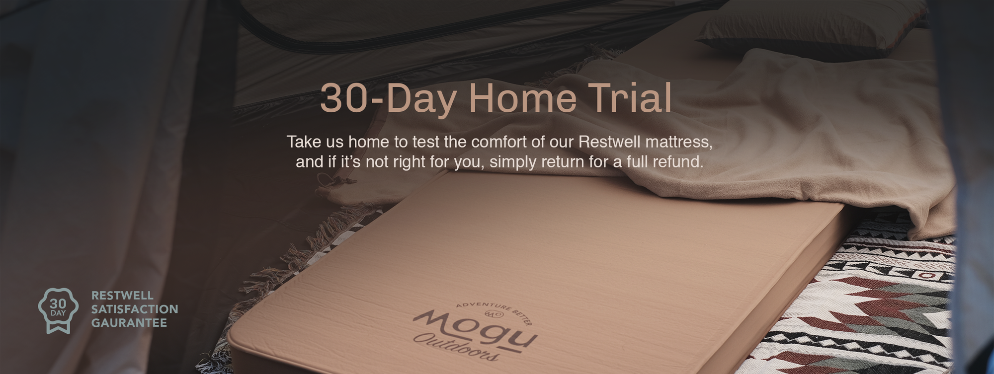 Banner showing a 30-day home trial for restwell mattresses so customers can try at home risk-free