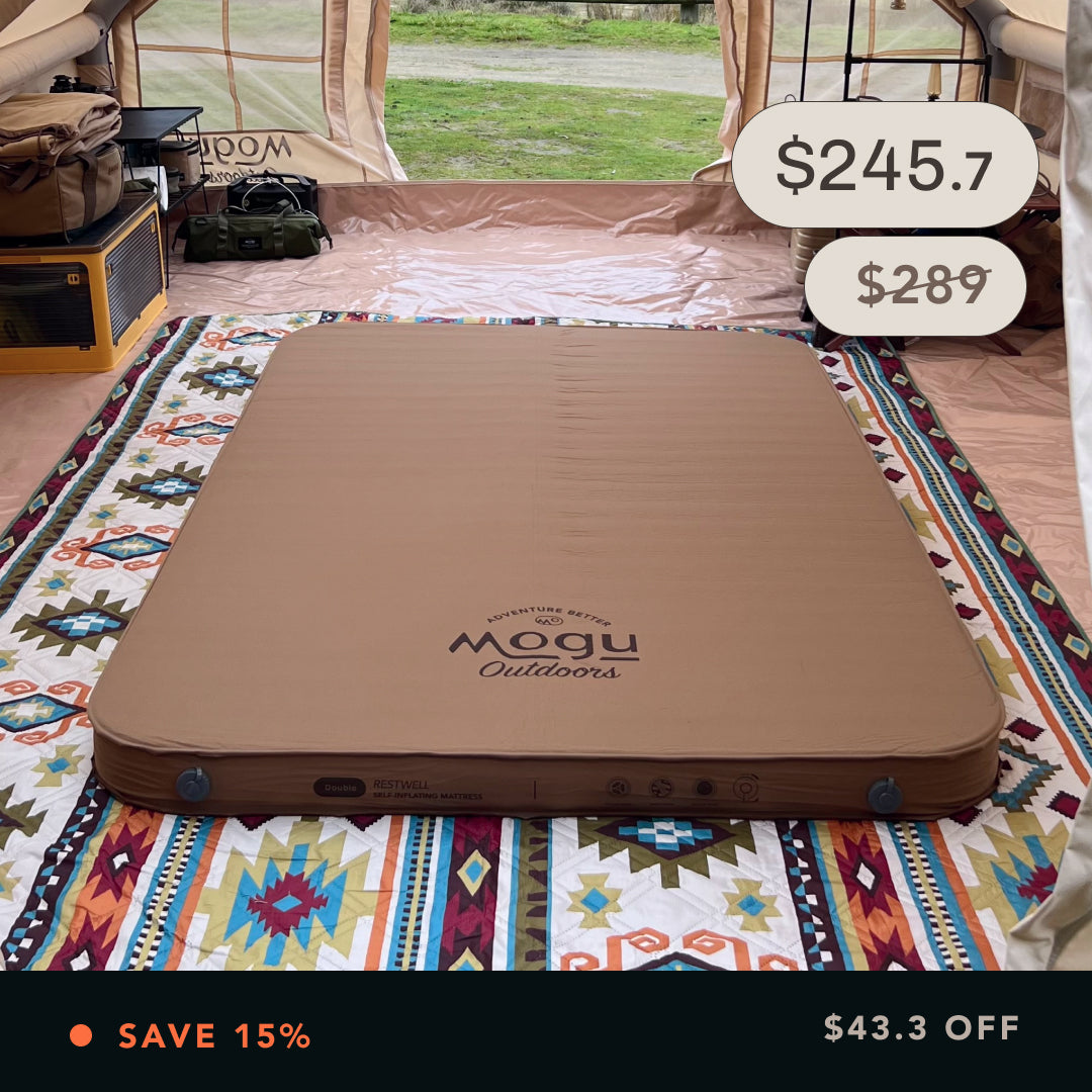 Durable and stylish self inflating camping foam mattress with two way valve system that makes setup effortless and pump bag to adjust firmness for the best comfort. Double size.