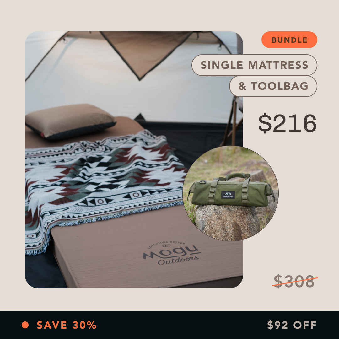 Bundle deal with our most comfortable self inflating sleeping foam mattress paired with our durable multipurpose utility toolbag and peg bag to save 30% off.