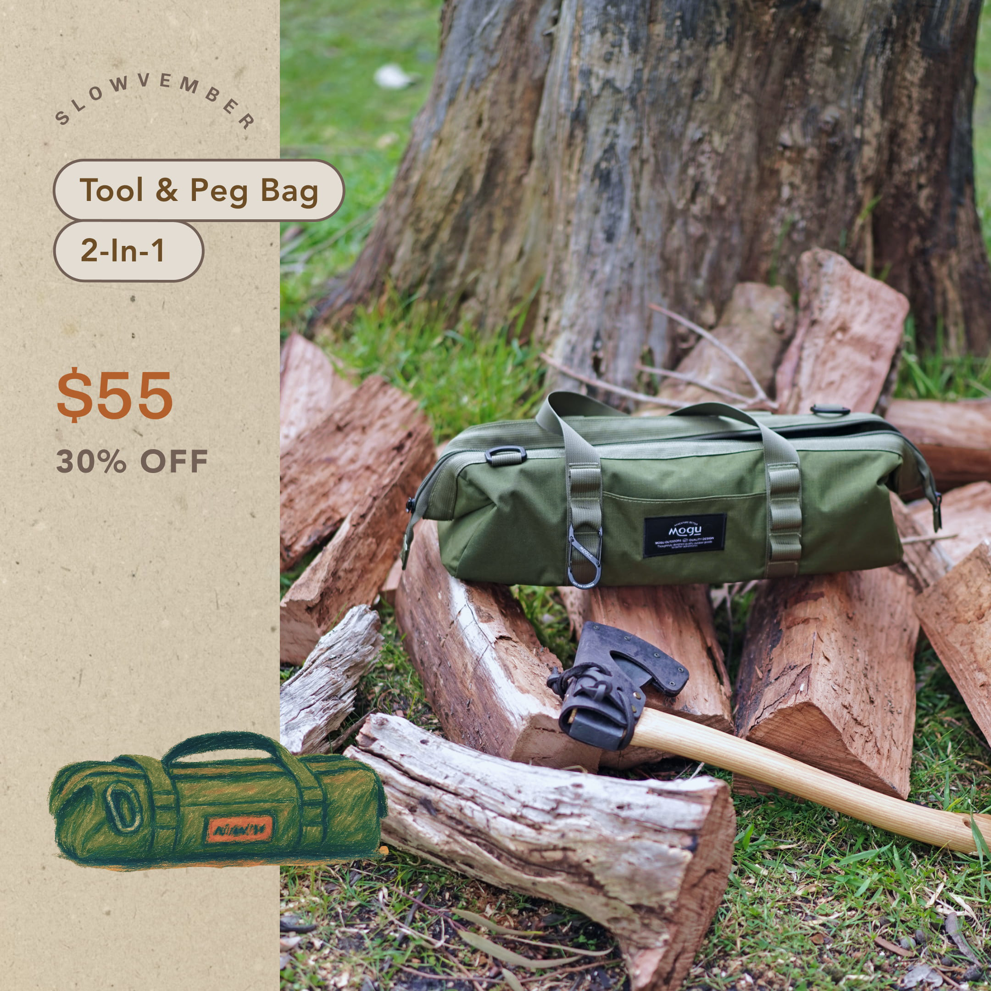 Cordura fabric quality durable green utility tool and peg bag perfect for storing tools, hammers, pegs and any other camp utility needs