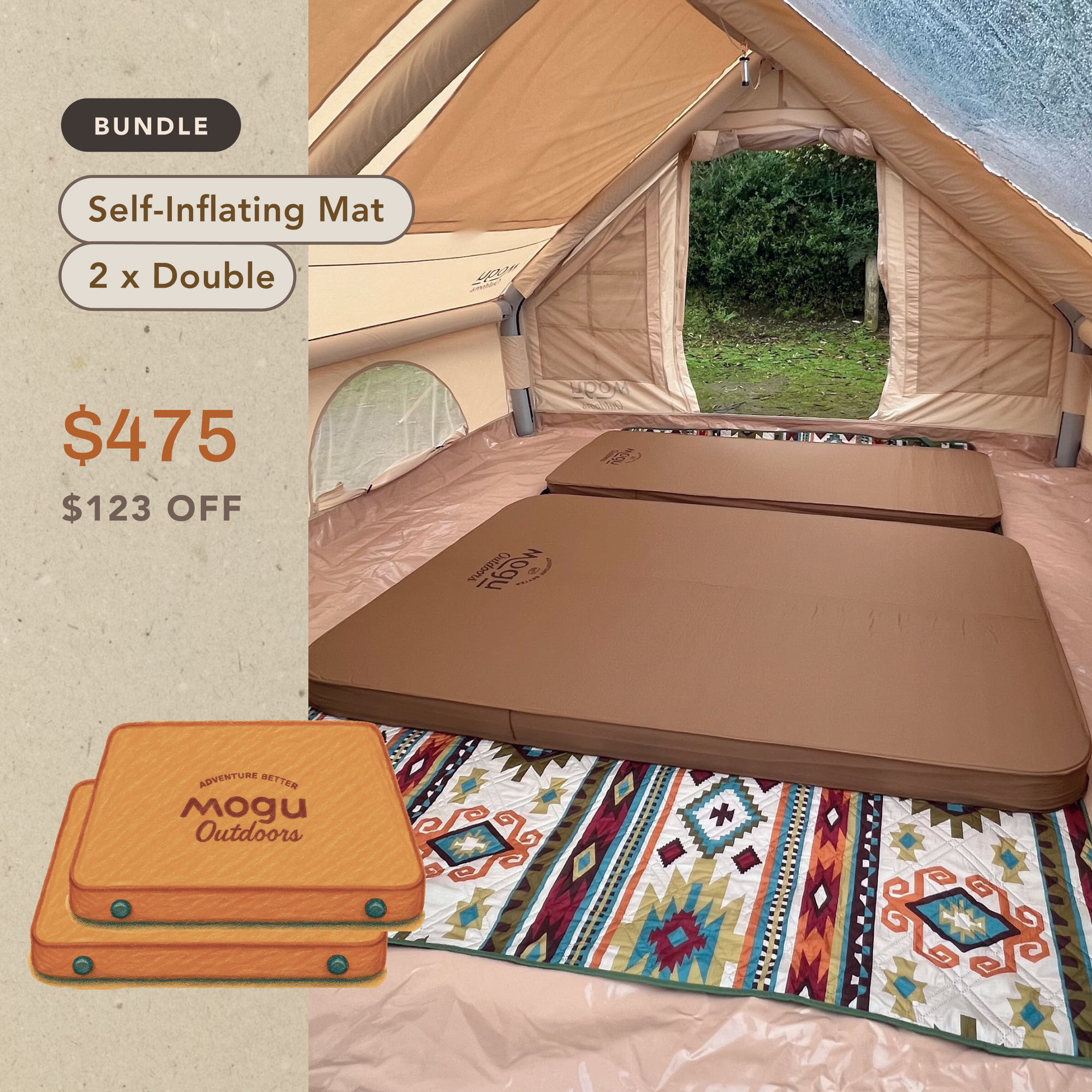Cosy camp setup with self-inflating mats inside a tent, featuring MOGU Outdoors quality branding with 8.9 r-value.