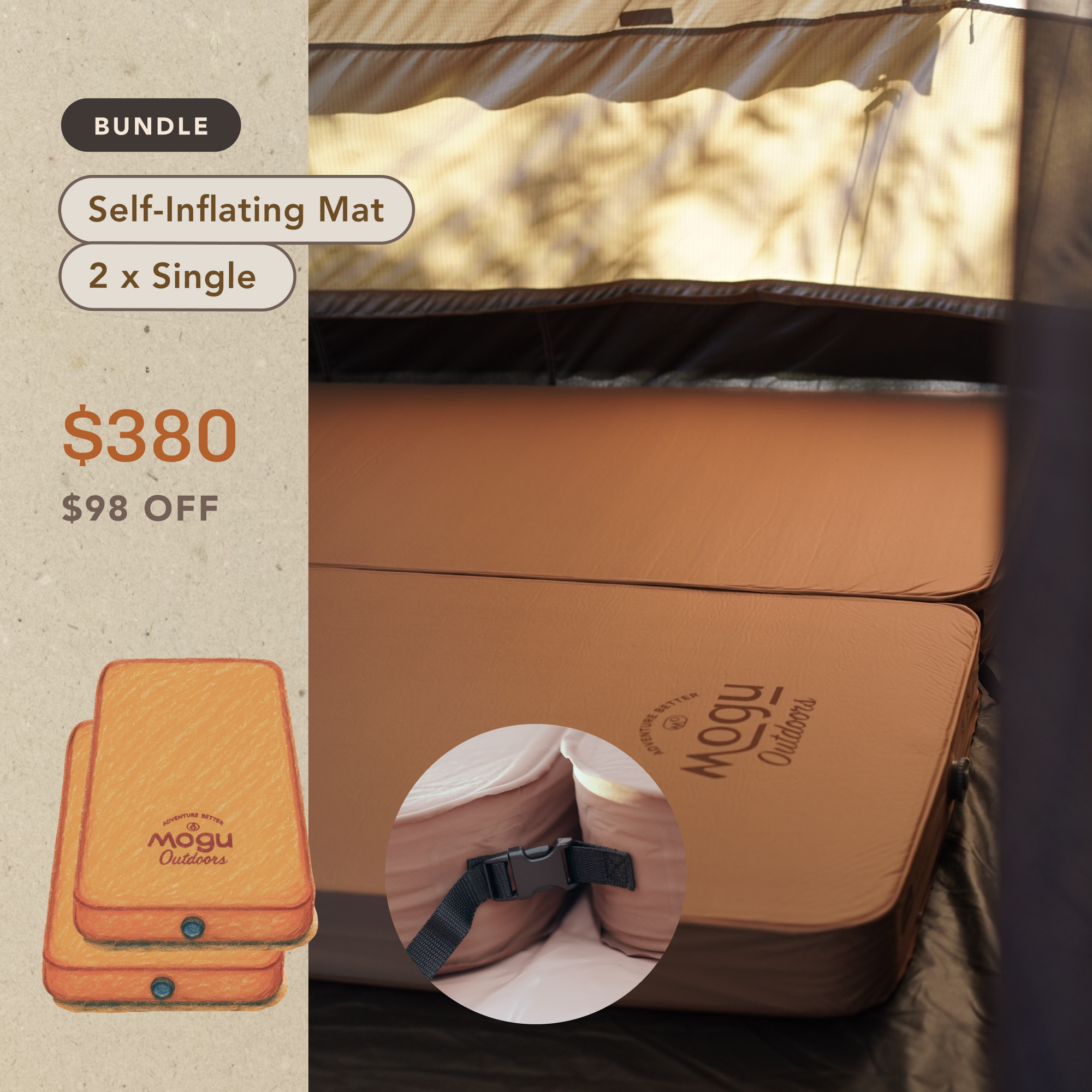 Cosy camp setup in a tent with two Self-inflating mattresses clipped together, quality camp gear brand offered as a bundle deal