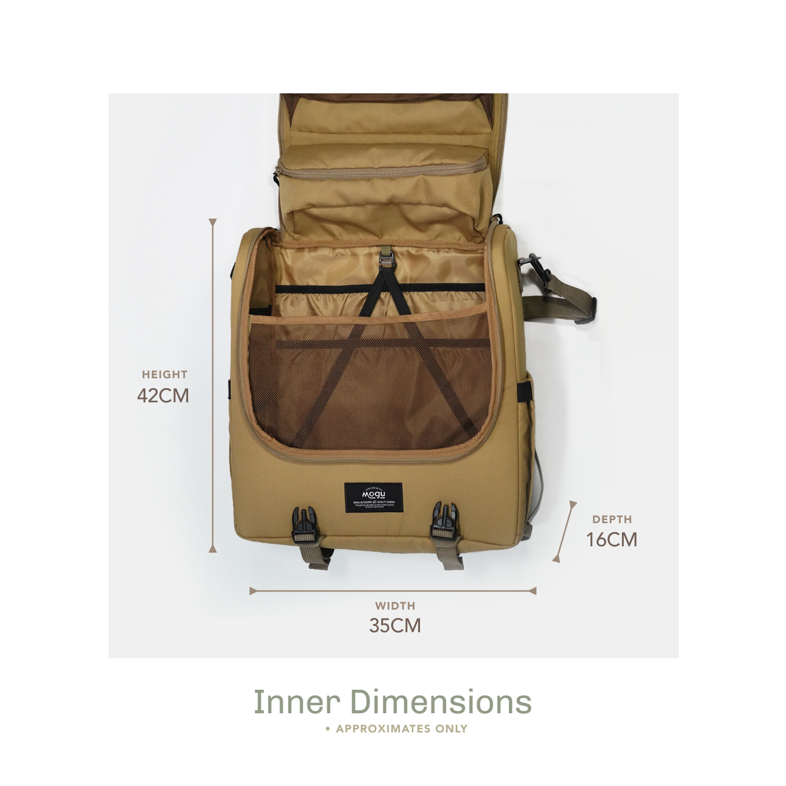 Inner dimensions labeled on caddy, Height 42cm, Width 35cm, Depth 16cm