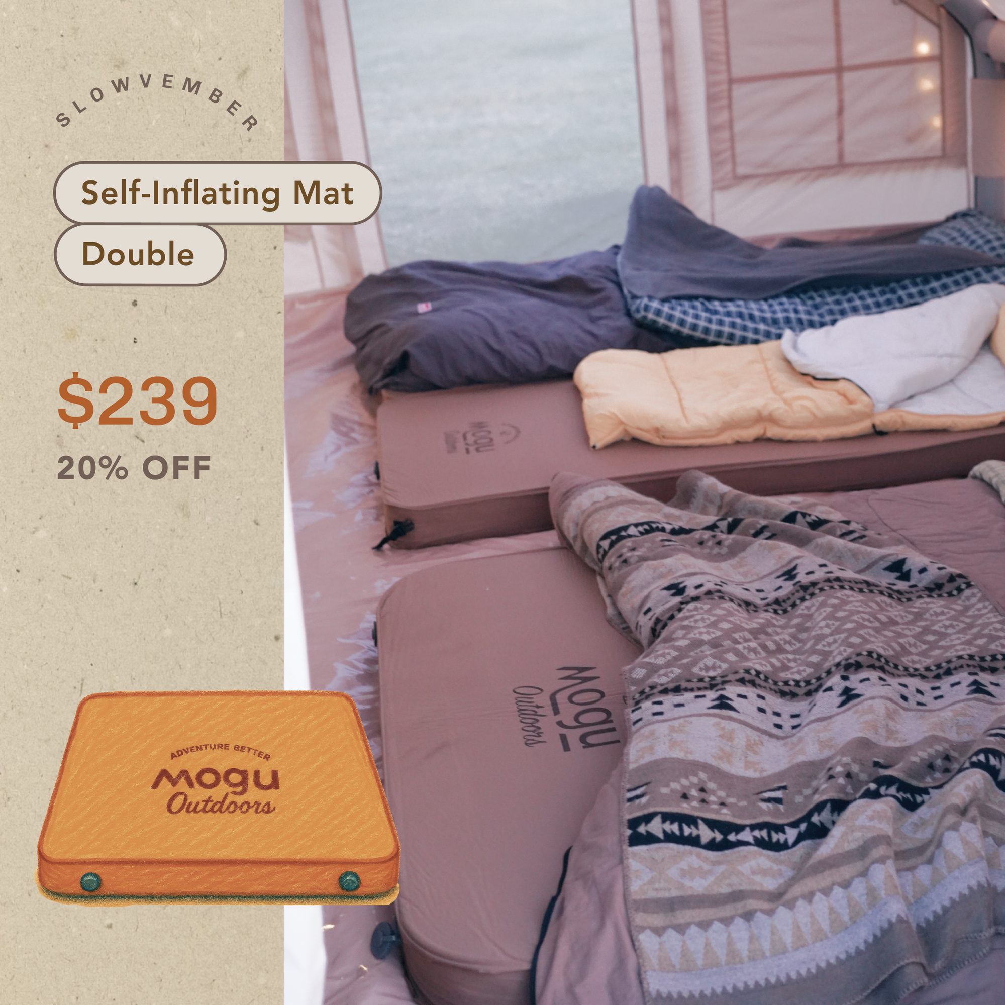 Self-inflating mattress inside cosy tent comfy setup, for extra comfortable sleep in the outdoors