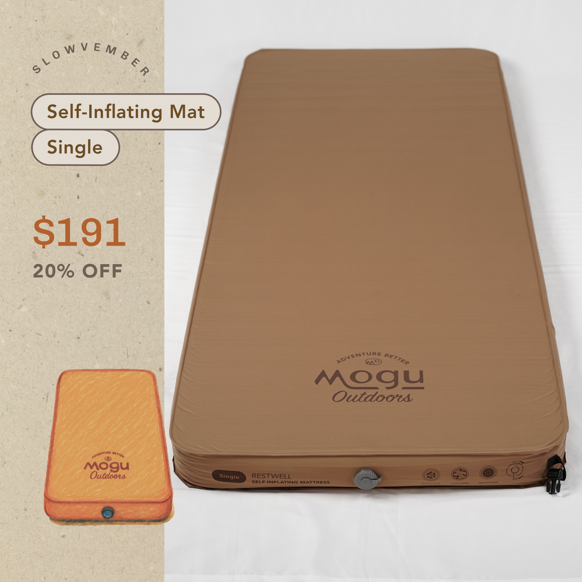 Self-inflating mat with pump and quality designer MOGU Outdoors branding for comfort bets night sleep outdoors 